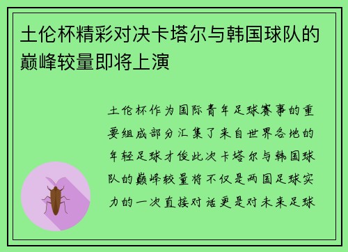 土伦杯精彩对决卡塔尔与韩国球队的巅峰较量即将上演